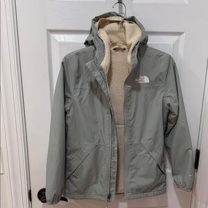 The North Face Kids Light Gray/Sage Green Fleece-Lined Rain Jacket Sz L